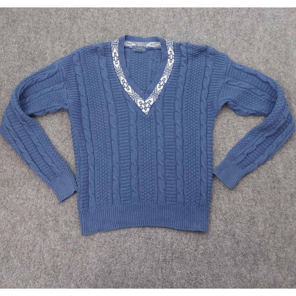 Cambridge Classics Sweater Mens Medium Blue V Neck Tennis Cable Knit Vtg 90s‎